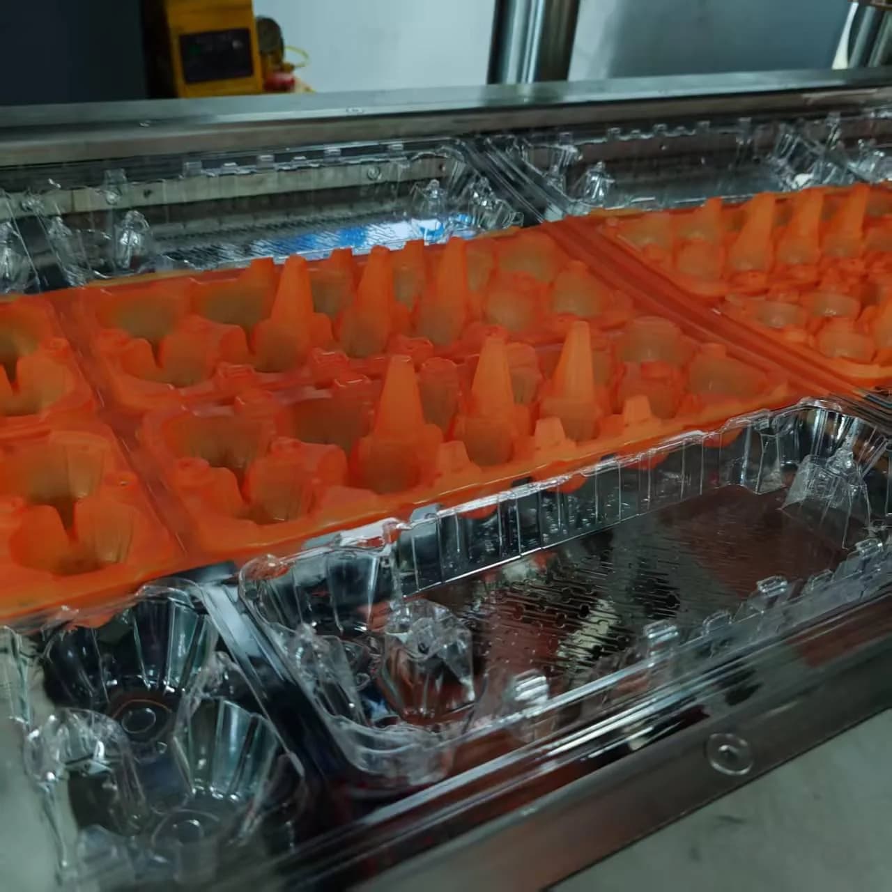 Orange trays coming off the forming machine