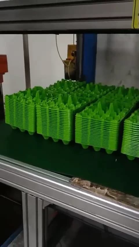 Green trays stacked on the production line