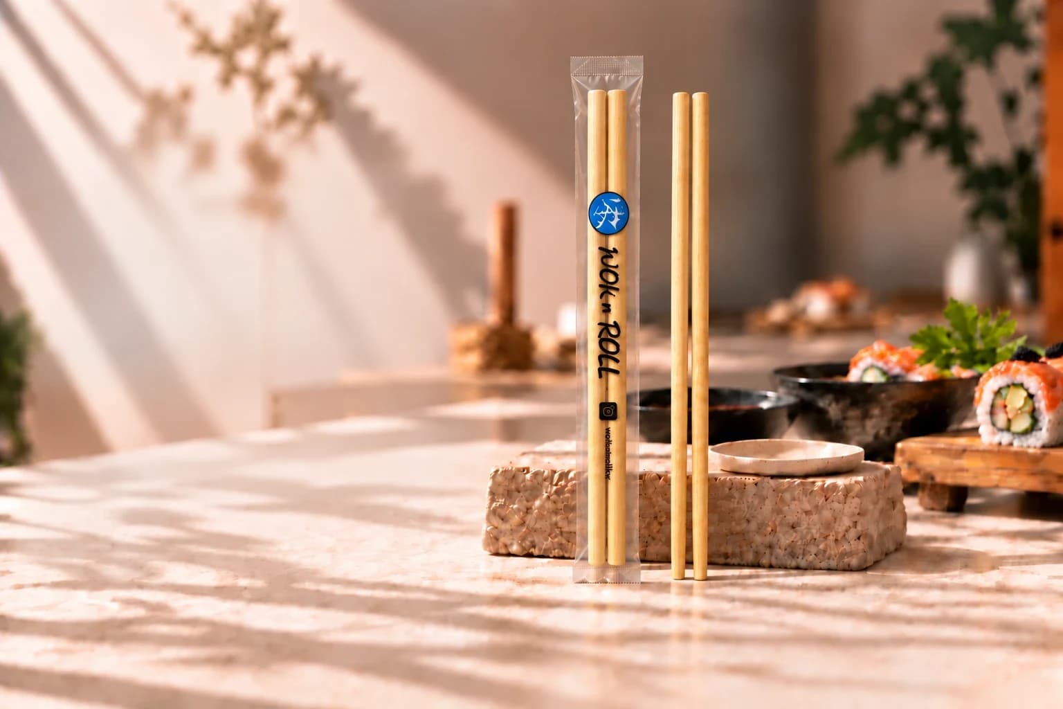 Bamboo chopsticks in a sealed sleeve, standing beside a bare pair on stone