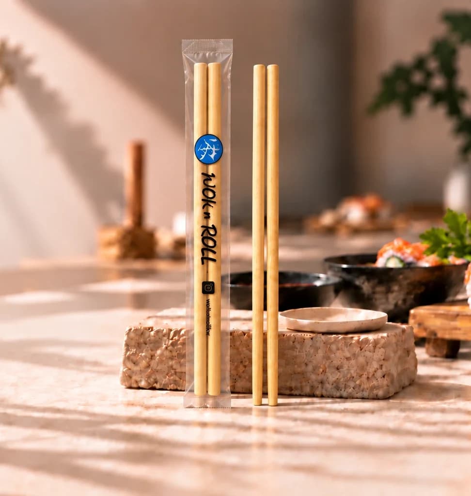 Bamboo chopsticks in a sealed sleeve, standing beside a bare pair on stone